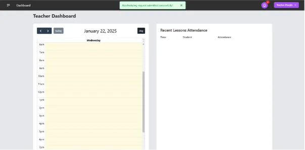 MusBook teacher dashboard with day view and attendance