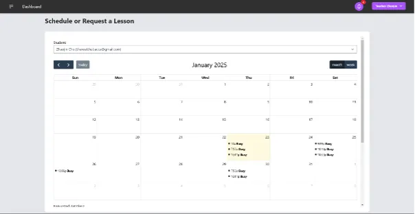 MusBook teacher calendar, month view