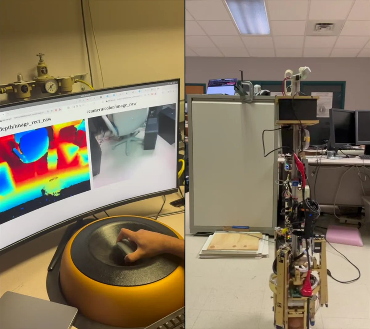 Split view: on the left a hand on the haptic device with the ballbot’s depth and colour camera feeds on a monitor; on the right the ballbot rolling across the lab floor